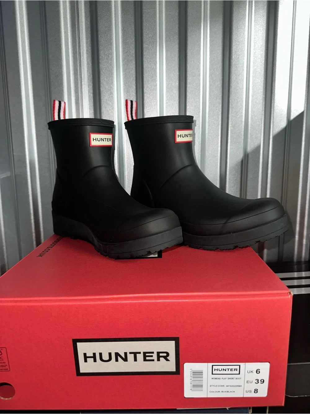 Hunter Black Short Rain Boots with Red-Trim Pull Tabs